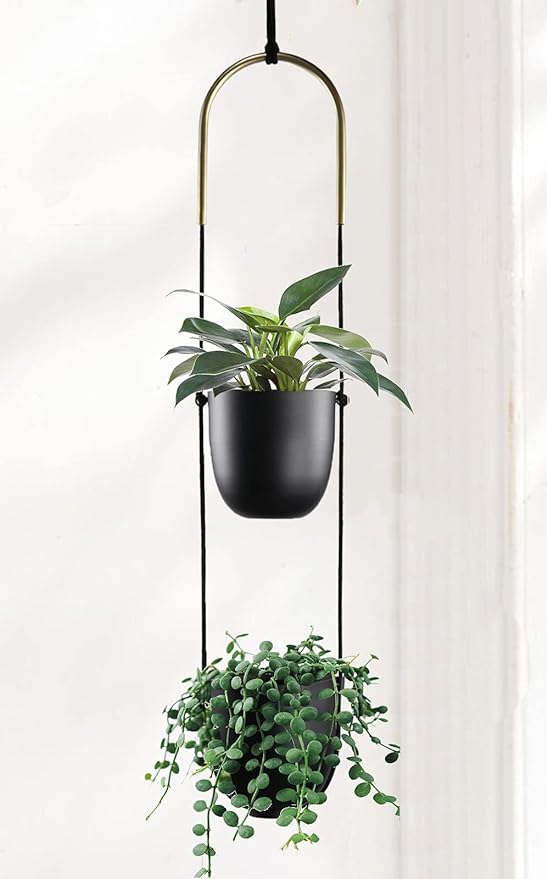 Modern Metal Hanging Planter for Indoor Outdoor Plants with Hook 2 Tier Boho Wall and Ceiling Flower Pots Baskets Holder Home Office Decor(Black) ABETREE