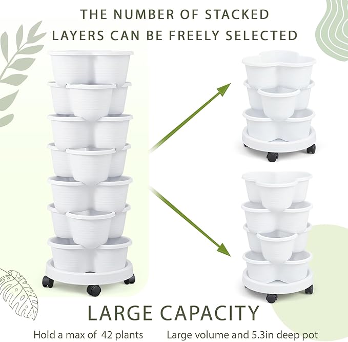Umigy 2 Set White 7 Tier Stackable Vertical Planters with Removable Wheels and Tools Tower Planters Strawberry Herb Flower Vegetable Pots Indoor Outdoor Gardening Pots Umigy