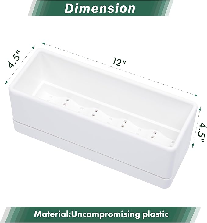 D'vine Dev 12 Inch Window Box Planter, Rectangle Plastic Herb Planter with Drainage Holes and Saucer, Indoor Succulent Cactus Vegetable Pot for Windowsill, Garden Balcony, White, Set of 1, 76-X-A-1 DvineDevPlanterPotsandStand