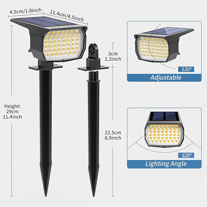 Solar Spot Lights Outdoor Waterproof IP65, 2 Pack Landscape Spotlights with 46 LEDs, 3 Modes Auto On/Off Solar Powered Flood Lights for Outside Pathway, Yard, Garden, Walkway (Warm White) WENATY