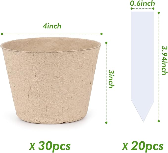 homenote Peat Pots, 30 Pcs 4 Inch Seed Starting Pots with Drainage Holes Round Nursery Plants Pots with Bonus 20 Plant Labels HOMENOTE