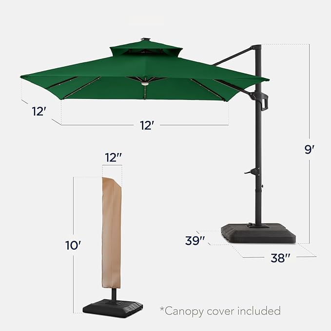 Best Choice Products 12x12ft LED Cantilever Patio Umbrella w/Base Included & 360° Rotation, Large Solar Offset Hanging Outdoor Sun Shade for Deck, Backyard Table w/Stand & Lights – Green BestChoiceProducts