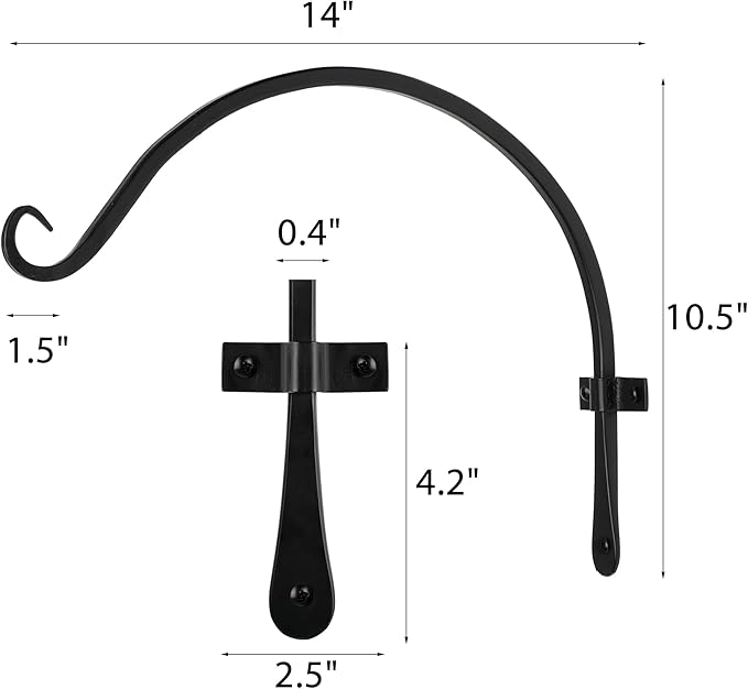 Worth Garden 6-Pack 14" Plant Hanger Bracket - Hand-Forged Wrought Iron Powder-Coated Heavy Duty Wall Hooks - Black Curved Plant Hanging Hooks for Bird Feeders, Flower Baskets, Indoor & Outdoor Use WORTH