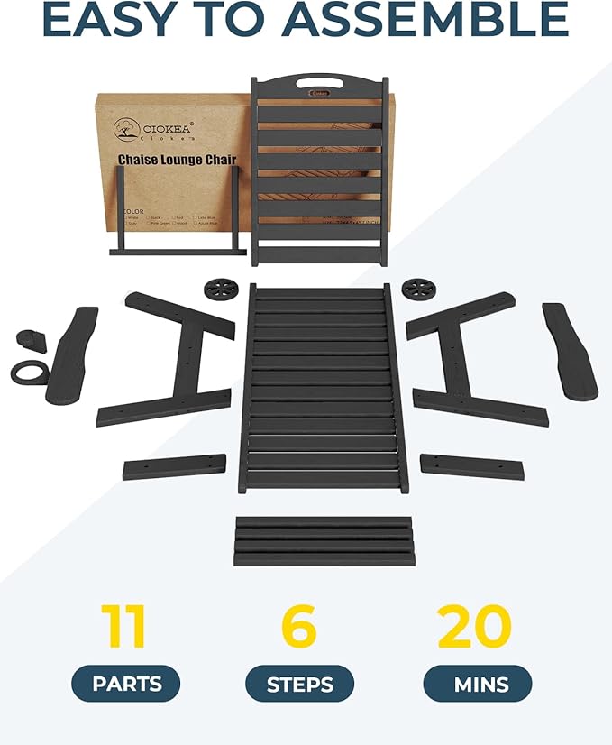 Outdoor Lounge Chair Set of 4, All Weather Patio Chaise Lounge Chair for Outside, HDPE Chair with Rolling Wheels & Cup Holder, 5 Position, Deck, Pool, Black CIOKEA