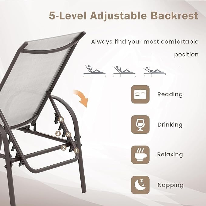 Giantex Patio Lounge Chair, Outdoor Chaise Lounge with 5 Adjustable Backrest, Sturdy Steel Frame, Sunbathing Recliner, Beach Chair, Tanning Chair for Outside, Yard, Balcony, Pool Chairs, Grey Giantex