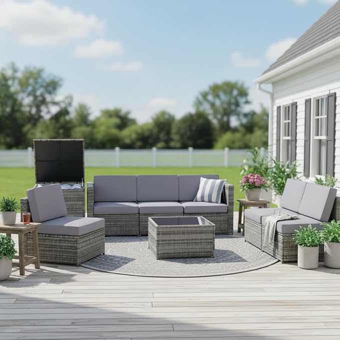 Tangkula 8 PCS Outdoor Patio Furniture Set, Rattan Wicker Sofa Set, Sectional Sofa Couch Conversation Set w/Storage Table and 12 Zippered Cushions for Garden Backyard Poolside (Grey) TANGKULA