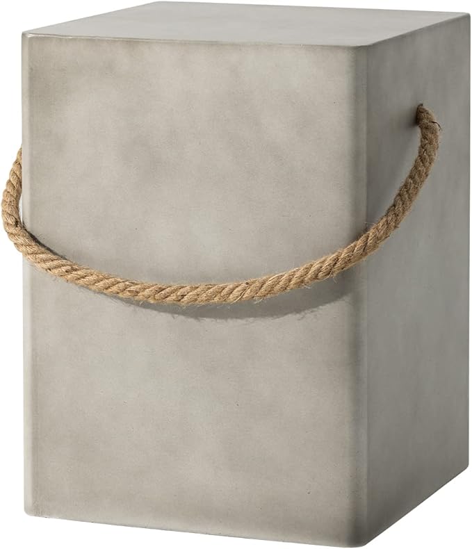 COSIEST Concrete Side Table, Rectangular Outdoor Side Table w Hemp Rope Handles,15''Patio Side Tables End Table, Outdoor Accent Coffe Table for Garden and Patio, Grey COSIEST