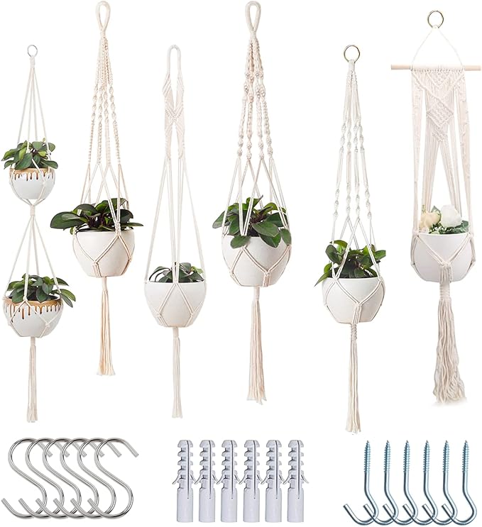 feedee Macrame Plant Hangers for Plants - 6 Pack Macromay Plant Hangers for Indoor Plant Hanger, Boho & Home Decor Feedee