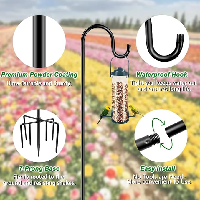 72" Shepherds Hooks for Outdoor, Heavy Duty Garden Bird Feeder Pole for Hanging Bird Feeder, Plant Baskets, Solar Light Lanterns, Outdoor Plant Hanger Hook with 7 Base Prongs,1 Pack Anideer