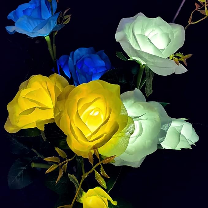 GONIMY Outdoor Realistic Solar Powered Rose Flower Lights Stake,2 Pack 10 Rose Solar Garden Decorative Waterproof Lights for Backyard Patio Pathway Xmas Decoration-Yellow GONIMY