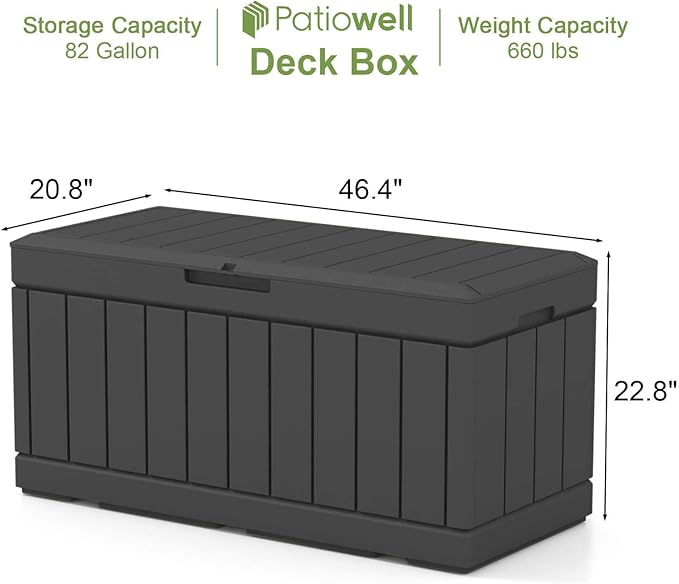 Patiowell 82 Gallon Resin Deck Box, Waterproof Large Wood Look Storage Box for Patio Furniture, Pool Accessories, Garden Tools and Sports Equipment, Lockable, Black Patiowell