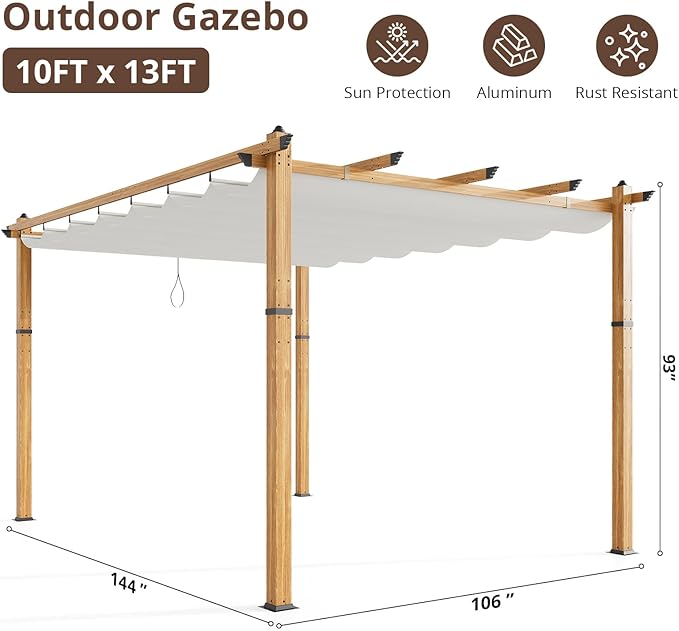 10 x 13 ft Aluminum Pergola with Adjustable Canopy, Outdoor Metal Pergola, Imitation Wood-Grain Sun Shade Shelter for Garden Patio Backyard Deck BouPower