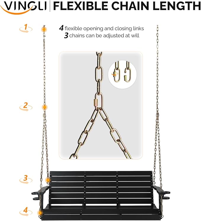 VINGLI Heavy Duty 1600 LBS HDPE Porch Swing Outdoor with Rotatable Cup Holder, 5 FT Patio Bench Swing with Adjustable Chains, 3 Person Hanging Porch Swing Chair for Porch, Yard, Tree, Garden - Black VINGLI