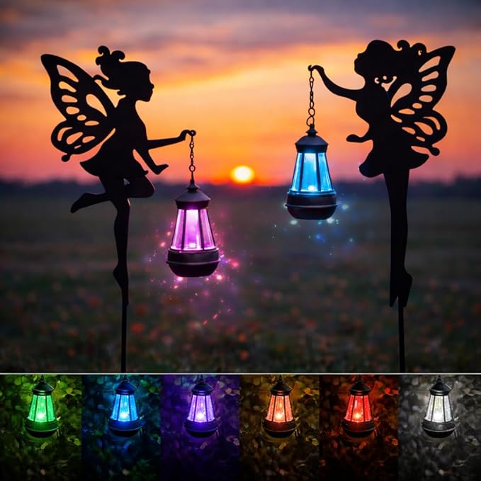 Solar Fairy Garden Lights Outdoor – Spring Decorations Yard Ornaments, Color-Changing LED Fairy Statue with Lantern, Solar Powered Garden Stakes for Patio, Lawn & Pathway Decor (Set of 2) PowerUpwiththeSun