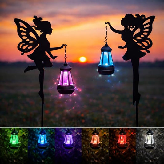 Solar Fairy Garden Lights Outdoor – Spring Decorations Yard Ornaments, Color-Changing LED Fairy Statue with Lantern, Solar Powered Garden Stakes for Patio, Lawn & Pathway Decor (Set of 2) PowerUpwiththeSun