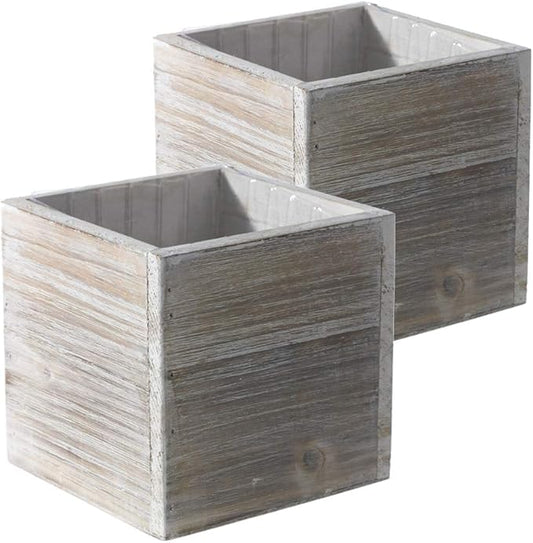 Wooden Planter Box l Rustic Barn Whitewash with Plastic Liner l Garden Decor l Restaurant and Wedding Decorations (6x6 Set of 2, Whitewash) Rootora