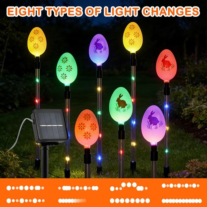 8 PCS Solar Easter Eggs Stake Lights, IP65 Waterproof Multicolor Outdoor Easter Pathway Lights Auto On/Off Solar Stake Light for Lawn Landscape Yard Patio Decorations Rootora