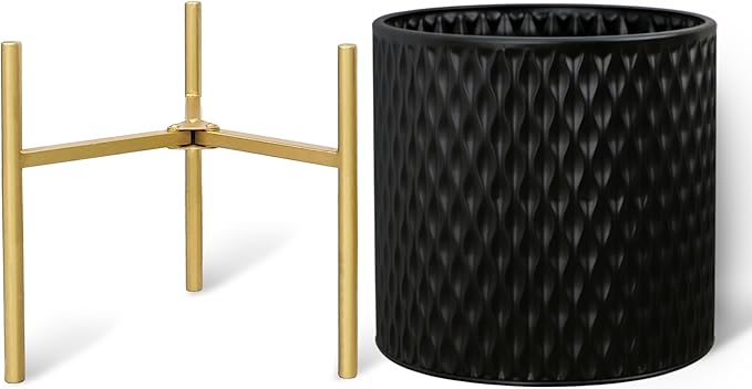ARNIS Plants Pots with Stand, Large Size Flower Pots, Set of 2 Unique Mid Century Decorative Metal Flower Pots with Drainage,10.5&12.25 Inch, Black ARNIS