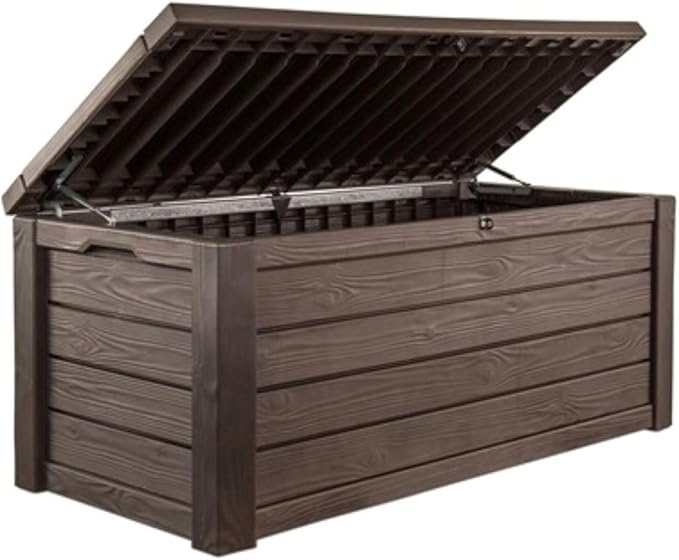 Keter Westwood 150 Gallon Deck Box Organizer, Doubles as 2-Person Bench Seat, Brown – Large Resin Outdoor Storage and Seating with Lockable Lid for Garden, Pool, and Patio Keter