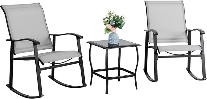 Vongrasig 3 Piece Outdoor Rocking Bistro Set, Textilene Fabric Small Patio Furniture Set, Front Porch Rocker Chairs Conversation Set with Glass Table for Lawn, Garden, Balcony, Poolside (Light Gray) Vongrasig