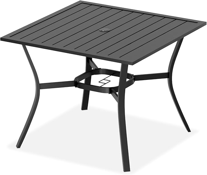 MELLCOM 37''x37'' Outdoor Dining Table for 4, E-Coating Metal Patio Dining Table with 1.57'' Umbrella Hole, All-Weather Black Square Table for Porch, Garden, Backyard, Poolside MELLCOM