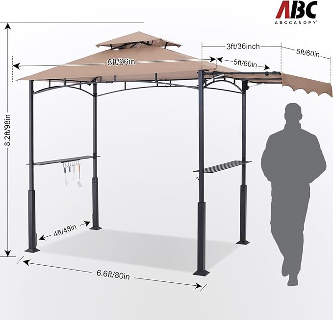 ABCCANOPY Grill Gazebo with Extra Awning - 11x5 Outdoor BBQ Canopy Shelter with 2 Led Lights for Patio Backyard Grilling (Khaki) ABCCANOPY