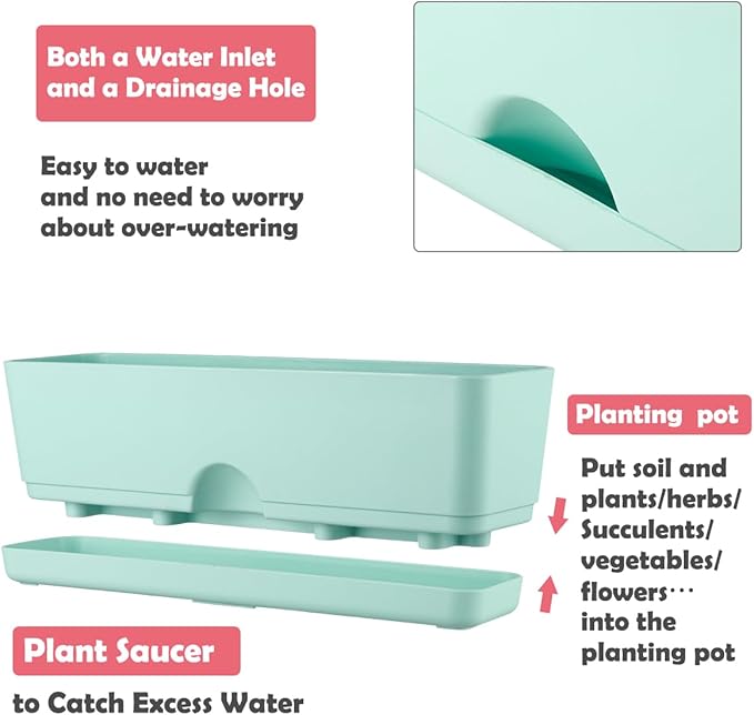 6 Pack Rectangle Planter 16x4.4 Inch Window Boxes Planters Rectangular Large Window Sill Planters Indoor Self Watering Plant Pots with Drainage Holes and Saucers Succulent Herb Flower Pots, Blue KvyusFlourish