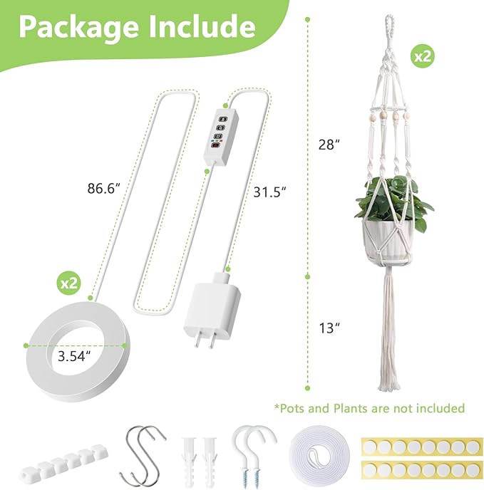 Macrame Plant Hanger with Grow Light: 2 Pack Sturdy Hanging Planters for Indoor Plants, Cute Plant Holder with Plant Light, Perfect for Different Size Pots (Daylight Spectrum) Rootora