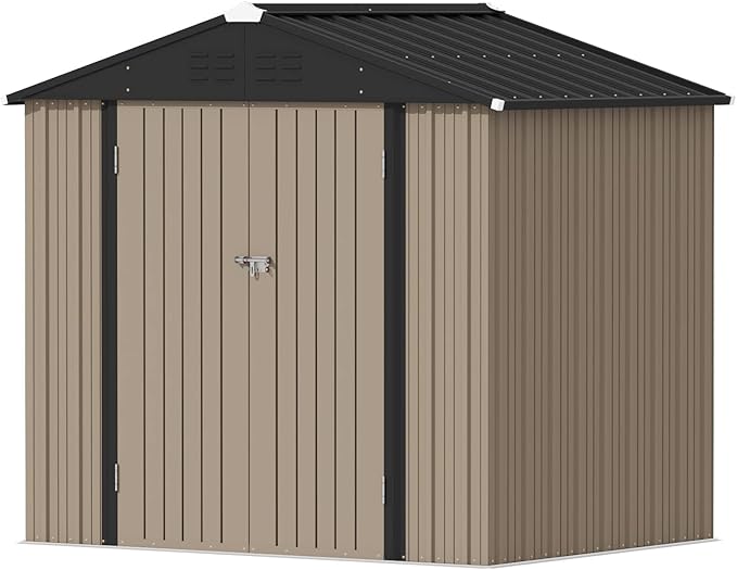 Devoko Outdoor Storage Shed 8 x 6 FT Lockable Metal Garden Shed Steel Anti-Corrosion Storage House with Single Lockable Door for Backyard Outdoor Patio (Brown) DEVOKO
