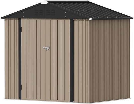Devoko Outdoor Storage Shed 8 x 6 FT Lockable Metal Garden Shed Steel Anti-Corrosion Storage House with Single Lockable Door for Backyard Outdoor Patio (Brown) DEVOKO