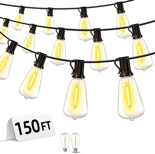 Outdoor Patio String Lights 150ft: ST38 LED Shatterproof Bulbs 3 Modes Button Control - Waterproof Connectable Lights - Wedding Bistro Party Gazebo Backyard Decorative Vozuji
