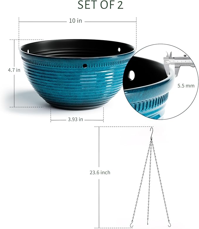 2 Pack Hanging Planters for Indoor Outdoor Plants, 10 Inch Hanging Planter with Drainage Hole & Plug Glazed Hanging Baskets Flower Pots for Garden Home (Blue) Vanslogreen