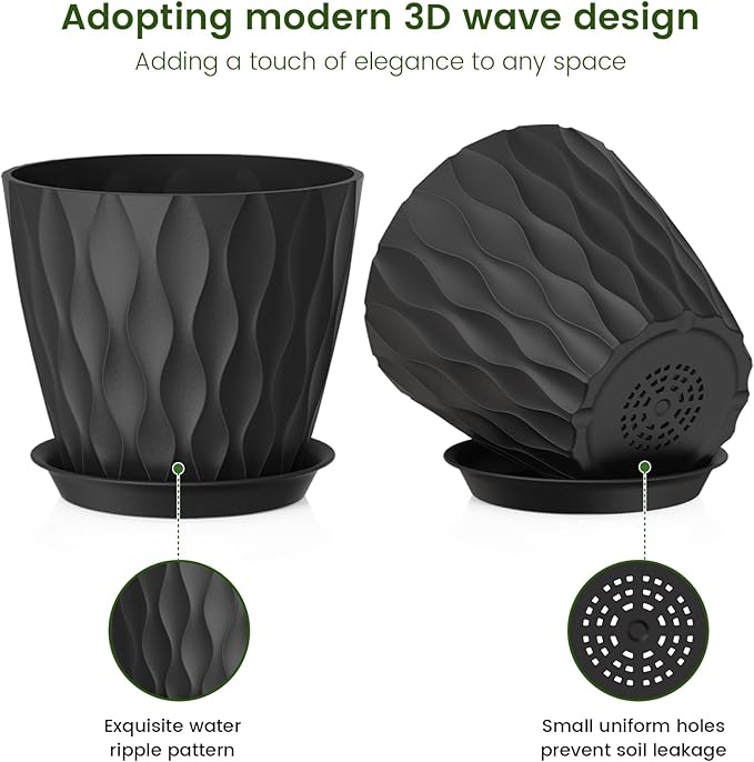7 inch Plant Pots for Indoor Outdoor Plants, 5 Pack Thick Flower Pots with Drainage Holes and Saucers, 3D Modern Wave Texture Plastic Planter Pots for House Plants, Black Meowell