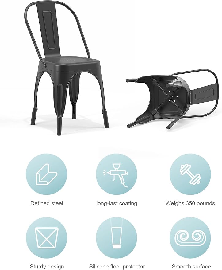 Nazhura Metal Dining Chair Farmhouse Tolix Style for Kitchen Dining Room Café Restaurant Bistro Patio, 18 Inch, Stackable, Waterproof Indoor/Outdoor (Sets of 4) (Black) NazhuraGoodCompanionAtHome