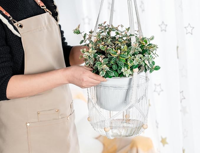 Melphoe Self Watering Hanging Planters for Indoor Plants, 1 Pack 8.3 Inch Outdoor Hanging Plant Pot Basket, 2 Kinds of Hangers Macrame 35.5’’ & Metal Chain 19.6’’ for Garden Home Decor Melphoe