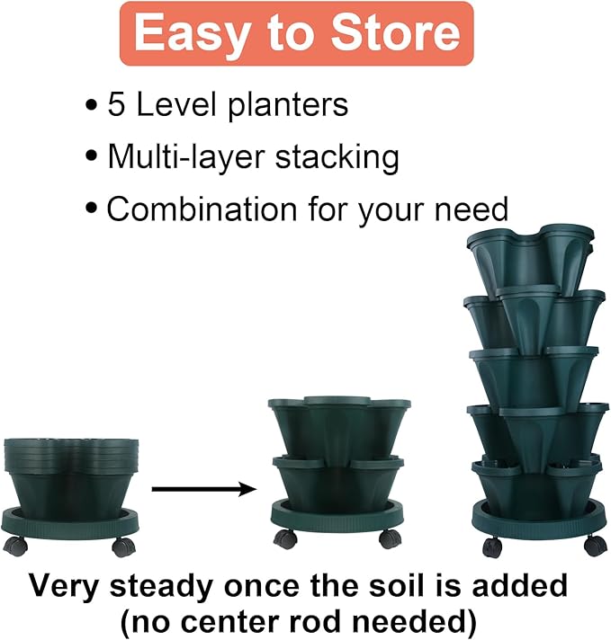 DUNCHATY Stackable Vertical Garden Planter with Wheels, 5 Tier Herb Planter Pots for Growing Vegetables and Succulents, Pine Green DUNCHATY