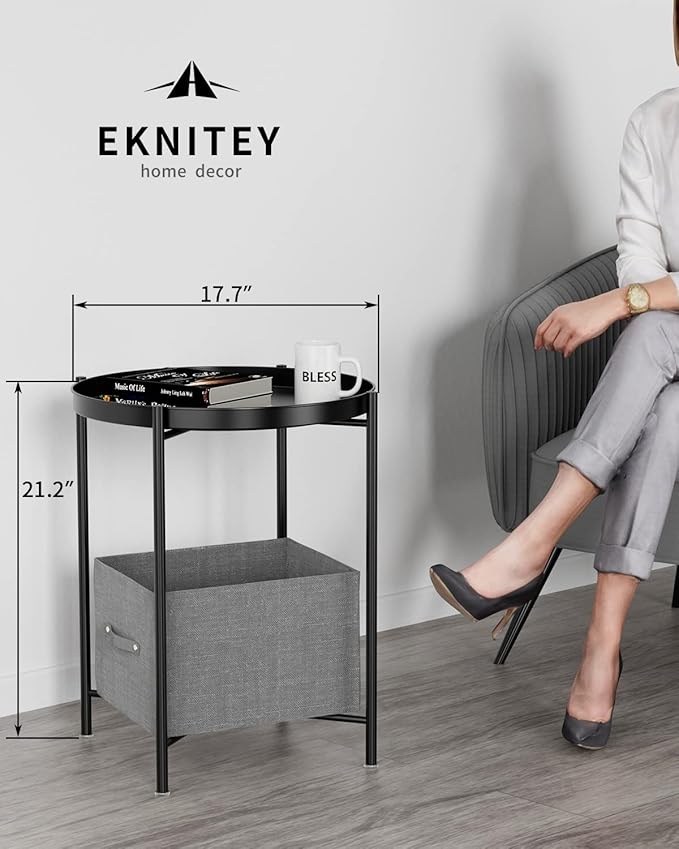 EKNITEY Small Side End Table - Metal Side Table Waterproof Small Sofa Coffee Side Tables Bedroom Indoor Outdoor with Removable Tray for Living Room Bedroom Balcony and Office EKNITEY