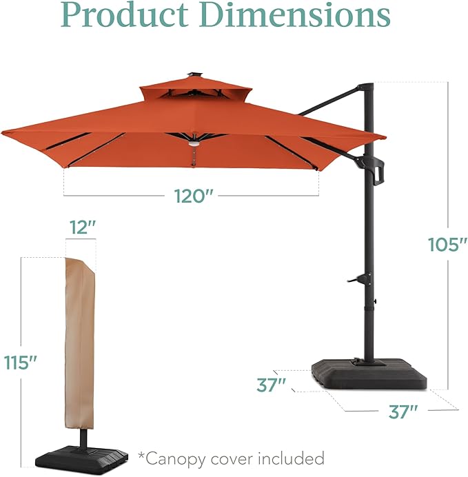 Best Choice Products 10x10ft Cantilever Patio Umbrella w/Base Included, Solar LED Lights 360 Rotation Large Offset Hanging Outdoor Shade for Deck Pool Backyard w/Stand – Rust BestChoiceProducts