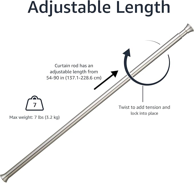 Amazon Basics No Drill Adjustable Indoor Outdoor Tension Curtain Rod, 54-90" Length, Nickel AmazonBasics