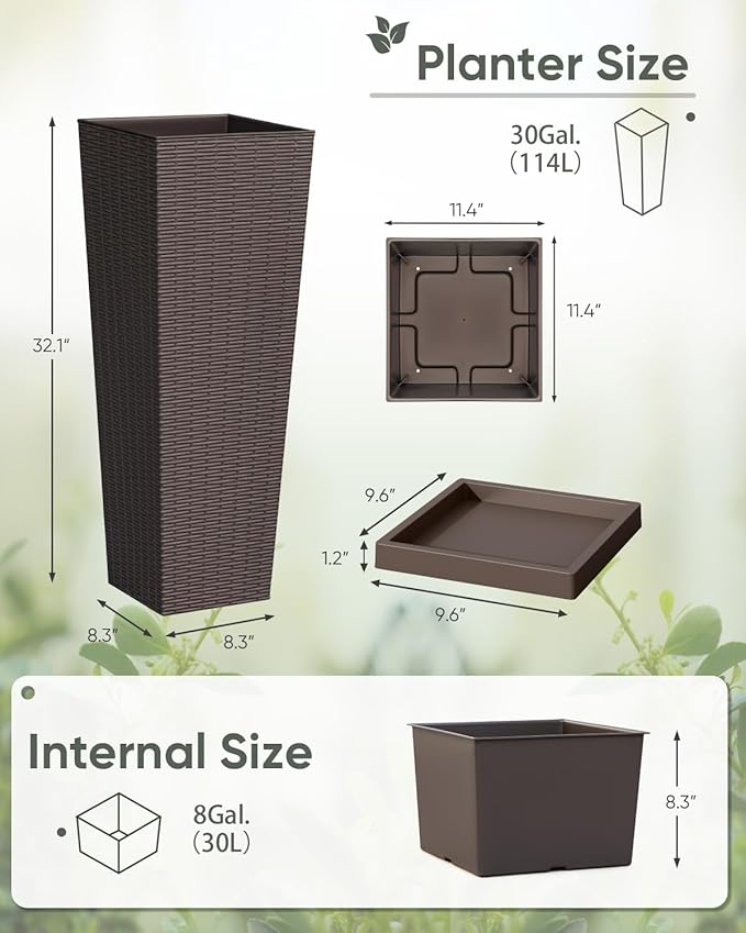 Greesum Set of 2 Tall Plastic Planters with Saucer, 32 Inch Large Pots with Drainage Trays, Weather-Resistant Plastic Plant Containers for Patio, Porch, Garden,Brown BuynowfromGreesum