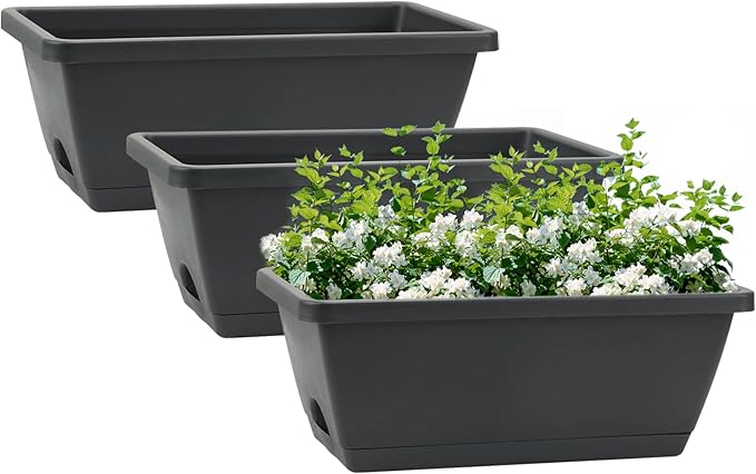 GREANER Rectangular Window Boxes with Trays, 3 Packs Modern Vegetable Planters, 13.8Inch Plastic Flower Boxes Container for Windowsill, Patio, Garden, Balcony, Porch, Indoor and Outdoor Use, Black GREANER