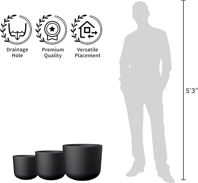 Kante 13",11",9" Dia Black Round Planters (Set of 3), Outdoor Indoor Modern Planter Pots, Lightweight, Weather Resistant, Seamless with Drainage Hole Kante