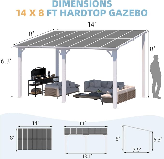 AECOJOY 14' x 8' White Gazebo Outdoor Pergola for Patio, Hard Top Lean to 8x14 Gazebo Shelter Pergolas and Gazebos Clearance with Patio Roof, Large Wall-Mounted Heavy Duty Awnings for Backyard AECOJOY
