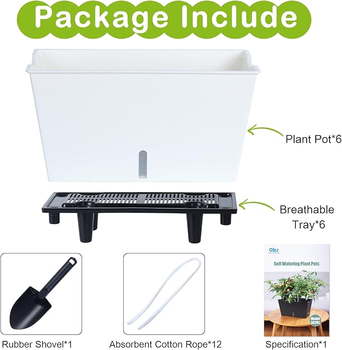 Window Box Planter 6 Pcs, 12.1 Inches Self Watering Plant Pots Rectangle Flower Pots with Drainage Holes and Breathable Trays, Vegetable Planters for Windowsill Patio Garden Balcony Porch Yard (White) Oliz