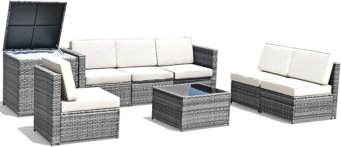 Tangkula 8 Pieces Wicker Patio Furniture Set with Storage Deck Box, PE Rattan Outdoor Sectional Sofa Conversation Set with Coffee Table & Cushions, Outside Furniture for Garden Yard Poolside (White) TANGKULA