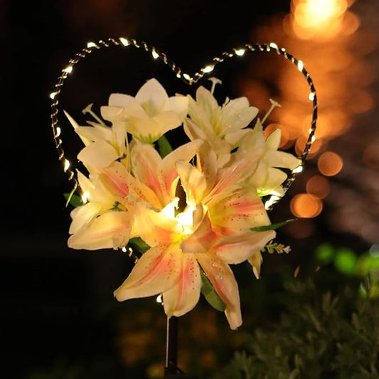 Starryfill Garden Solar Lights Outdoor Heart-Shaped with White Lily Flowers, Metal Stake Lights with 25led Warm White Decorative for Remembrance Gifts Cemetery Decorations Birthday's Day Starryfill