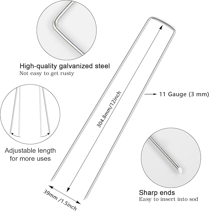 FEED GARDEN 12 Inch 100 Pack Galvanized Landscape Staples 11 Gauge Anti-Rust Garden Stakes Landscaping Fabric SOD Pins Yard Stakes for Weed Barrier Fabric FEEDGARDEN
