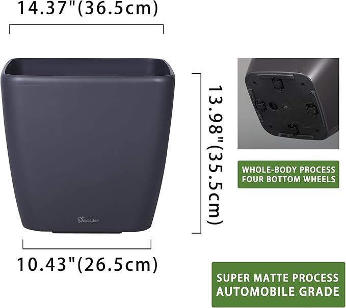 Dexceder 15x14 Self Watering Planter with Wheels Indoor Outdoor, Inner Mat Design, Thickened Large Floor Standing Flower Plant Pot with Water Level Indicator (Slate Gray Matte) Dexceder