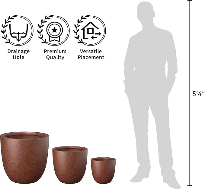 Kante 14 Inch Dia Round Concrete Planter, Indoor Outdoor Large Plant Pot with Drainage Hole and Rubber Plug for Home Patio Garden, Rusty Kante