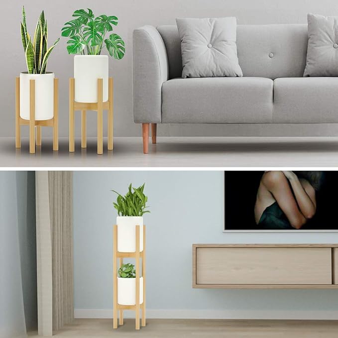 MUDEELA 2 Pack Indoor Plant Stands, 2 Tier Tall Plant Stand 30 inches, Mid Century Bamboo Plant Stand, Adjustable Width 8 - 12 inches, Fits Pot Size of 8 9 10 11 12 inches Pot & Plant Not Included, Natural MUDEELA